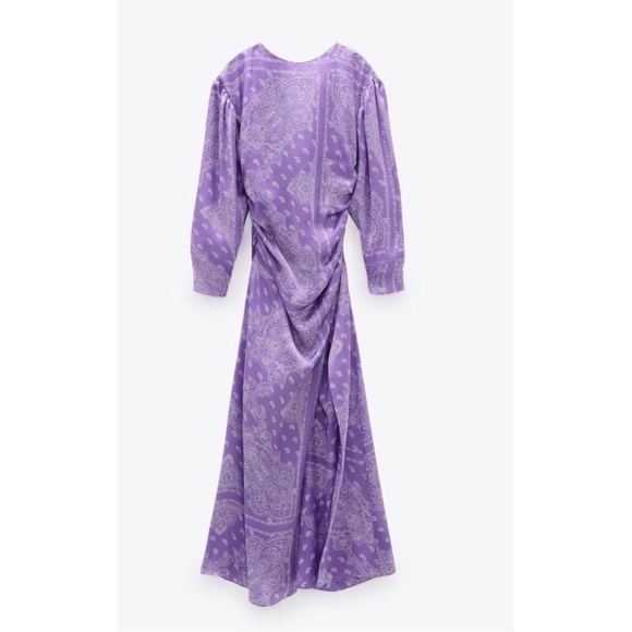 Zara Paisley Maxi Dress Womens Purple Long Slit Satin Long Sleeve Summer Medium - Picture 9 of 15